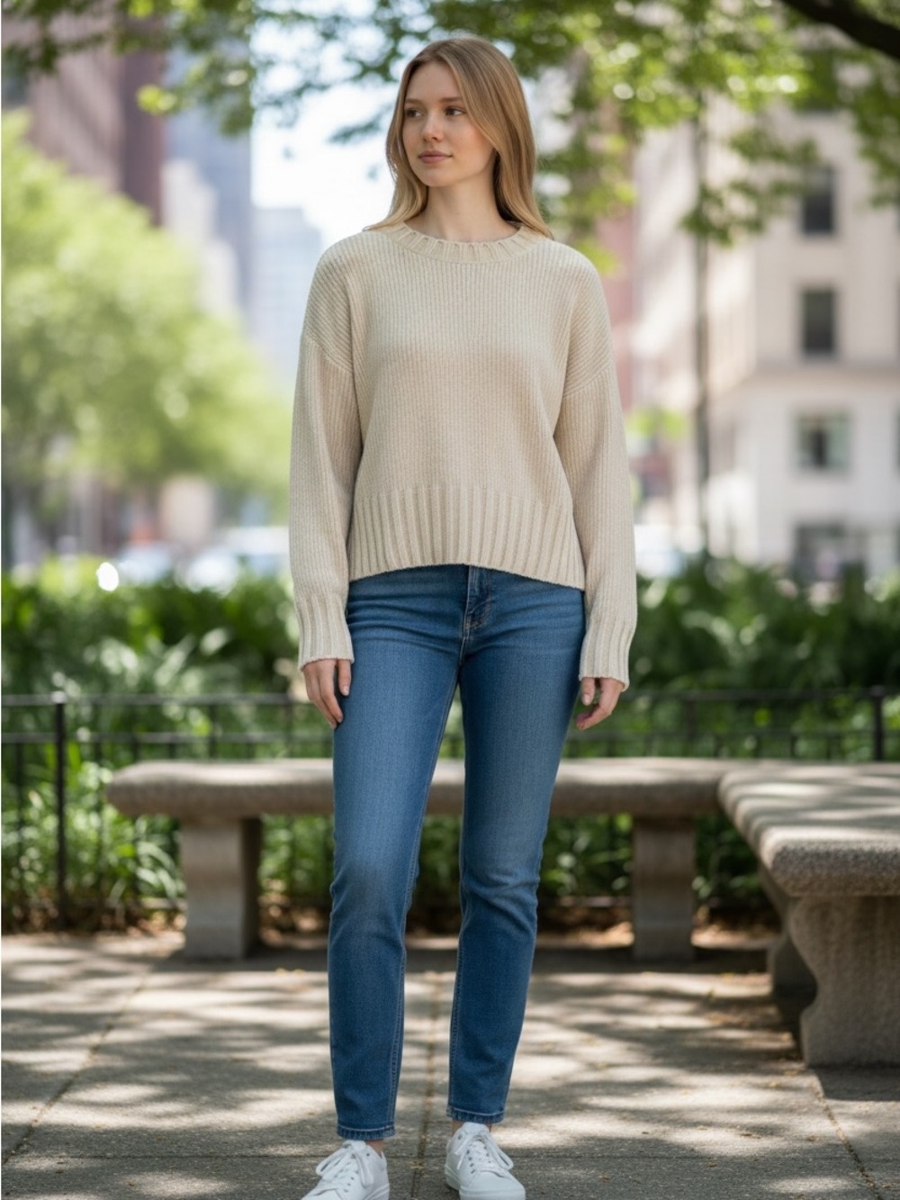 Cynthia Rowley Light Cream Ribbed Crewneck Sweater
